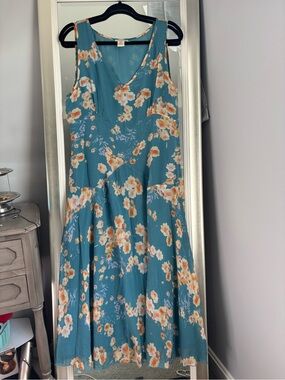 Sundance Teal Silk Maxi Dress with Peach Floral Print Sleeveless V neck Lined 12